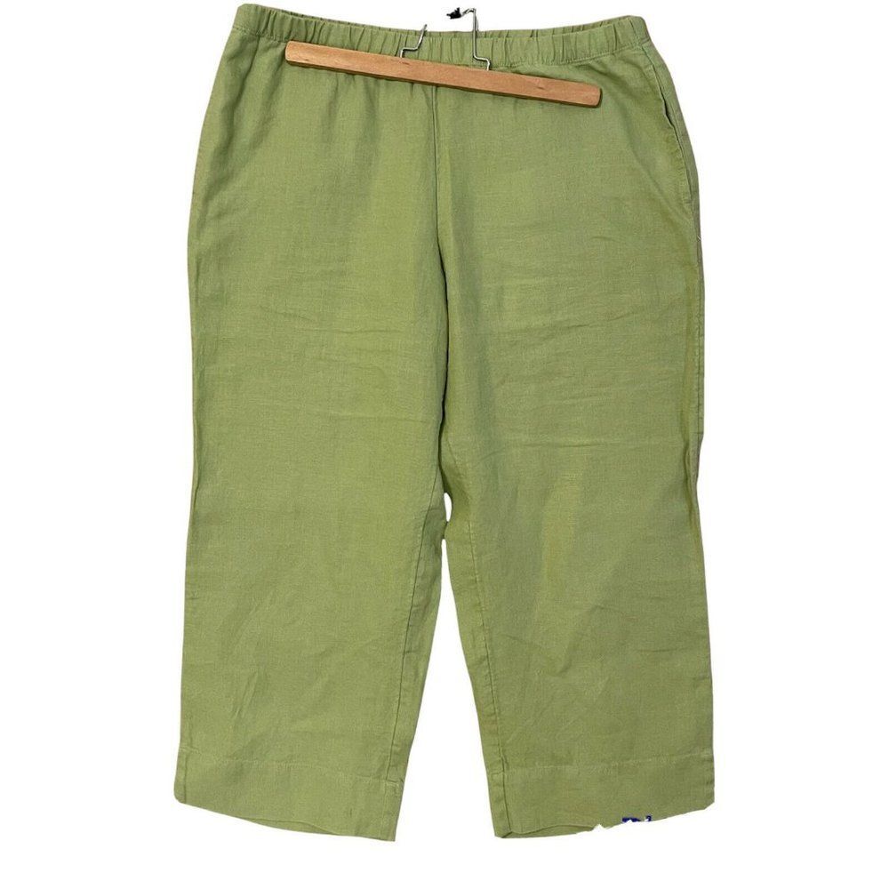 j jill womens sz small 23”L petite green linen pants elastic waist Straight Leg